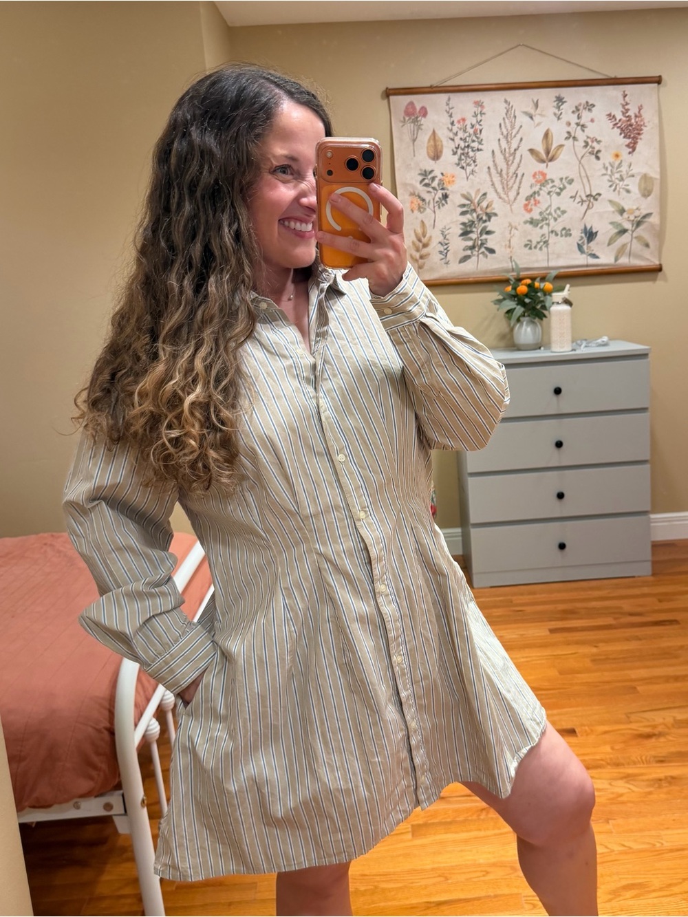 GAP Striped Mini Shirt Dress in Beige and White Large